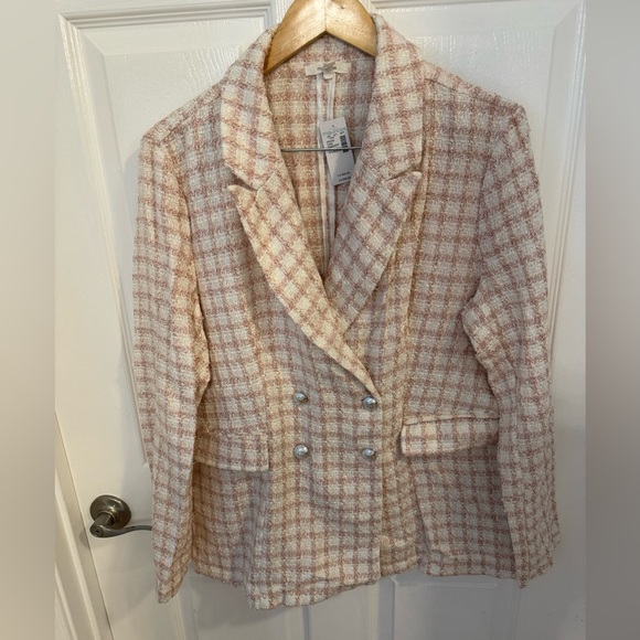 Maurices Jackets & Blazers - Maurices Pink and Cream Plaid Double-Breasted Tweed Blazer